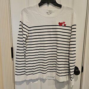 J. Crew Teddie Sweater Navy/White Striped w/ Hearts Size M Pull Over Like New